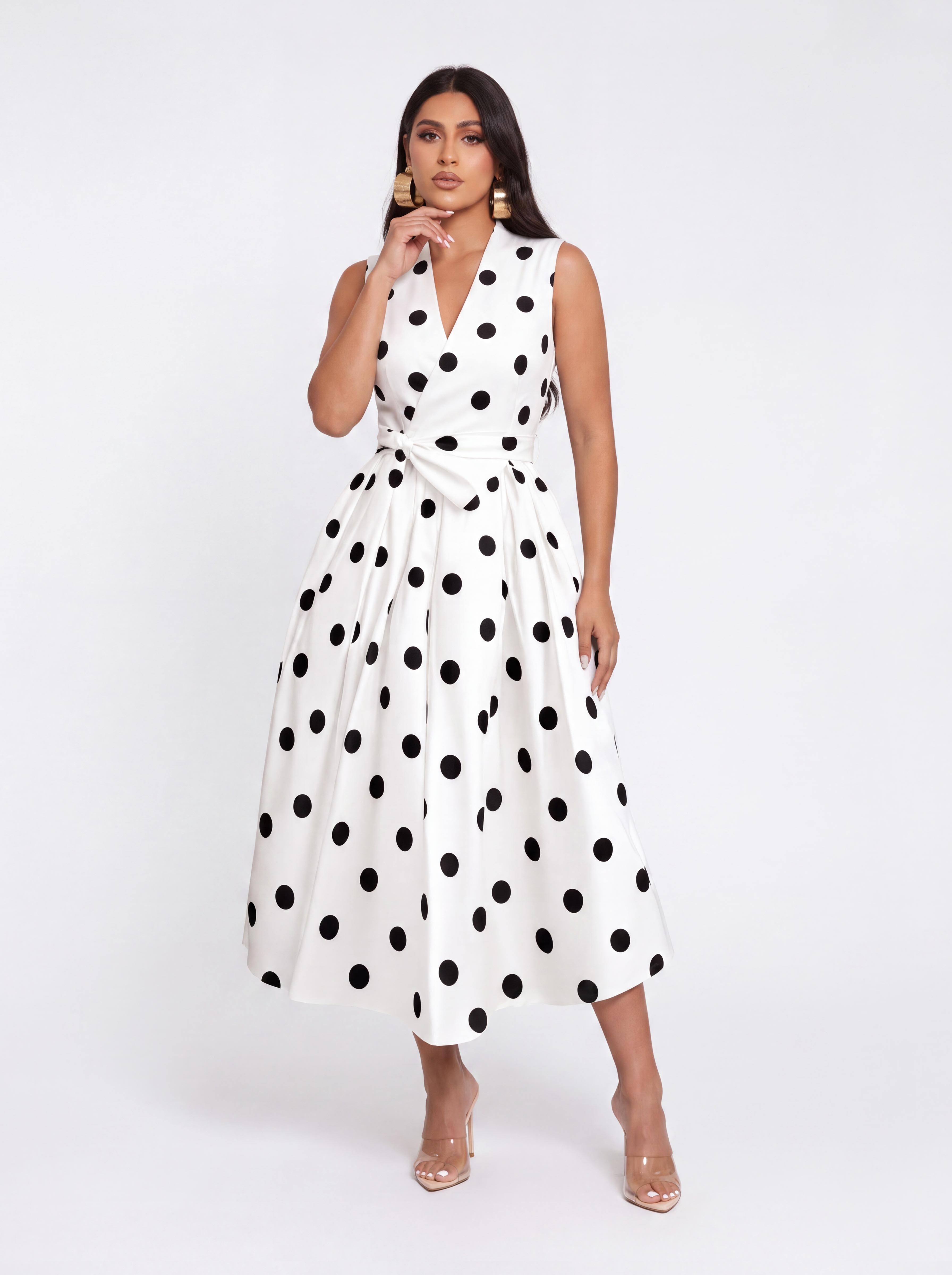 Vintage Polkdot Sleeveless V-neck Tight Waist Mid-length Umbrella Dress