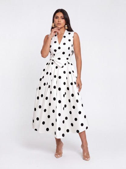 Vintage Polkdot Sleeveless V-neck Tight Waist Mid-length Umbrella Dress