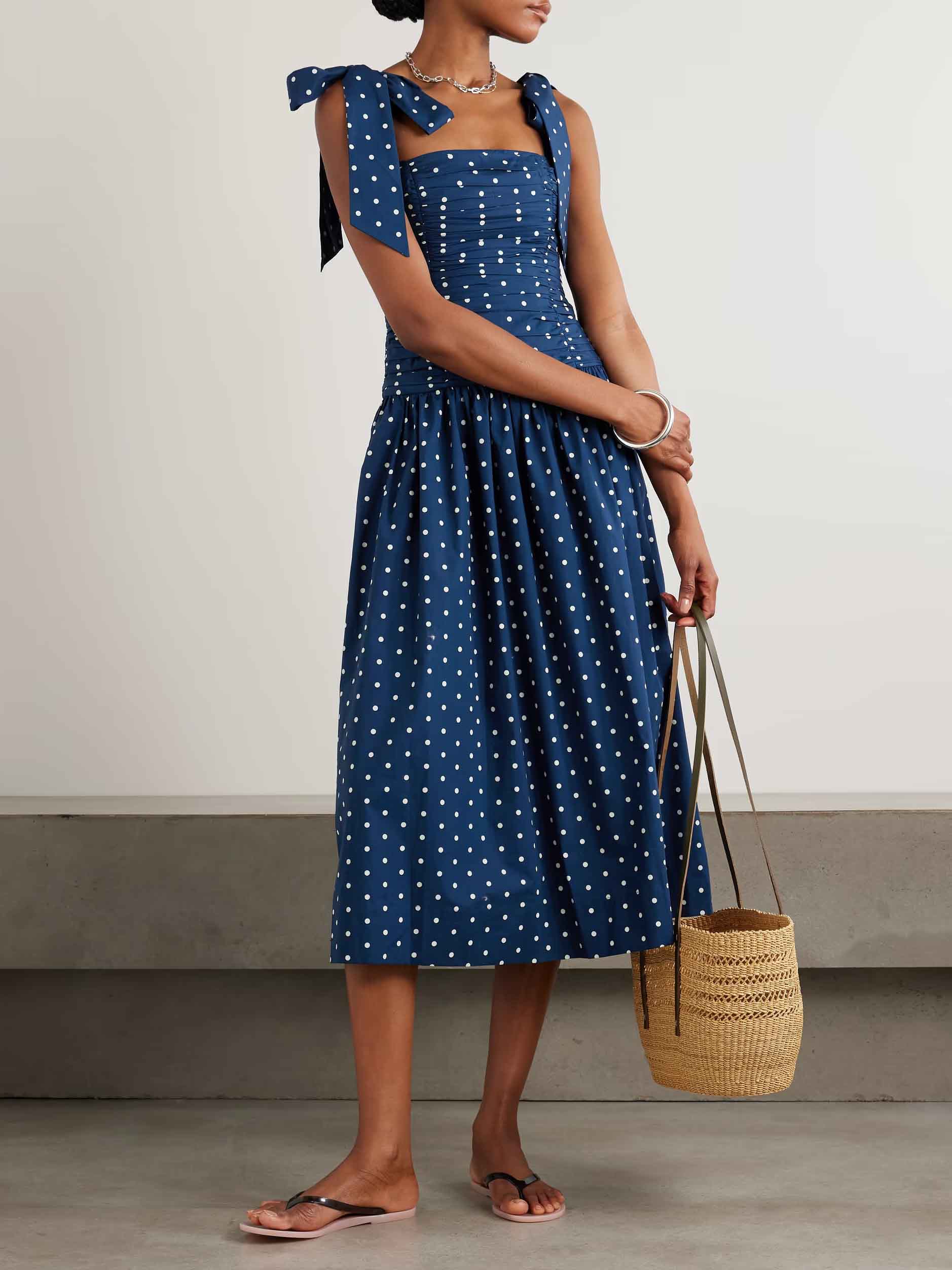 Retro Lace-up Pleated Polka Dot Midi Dress