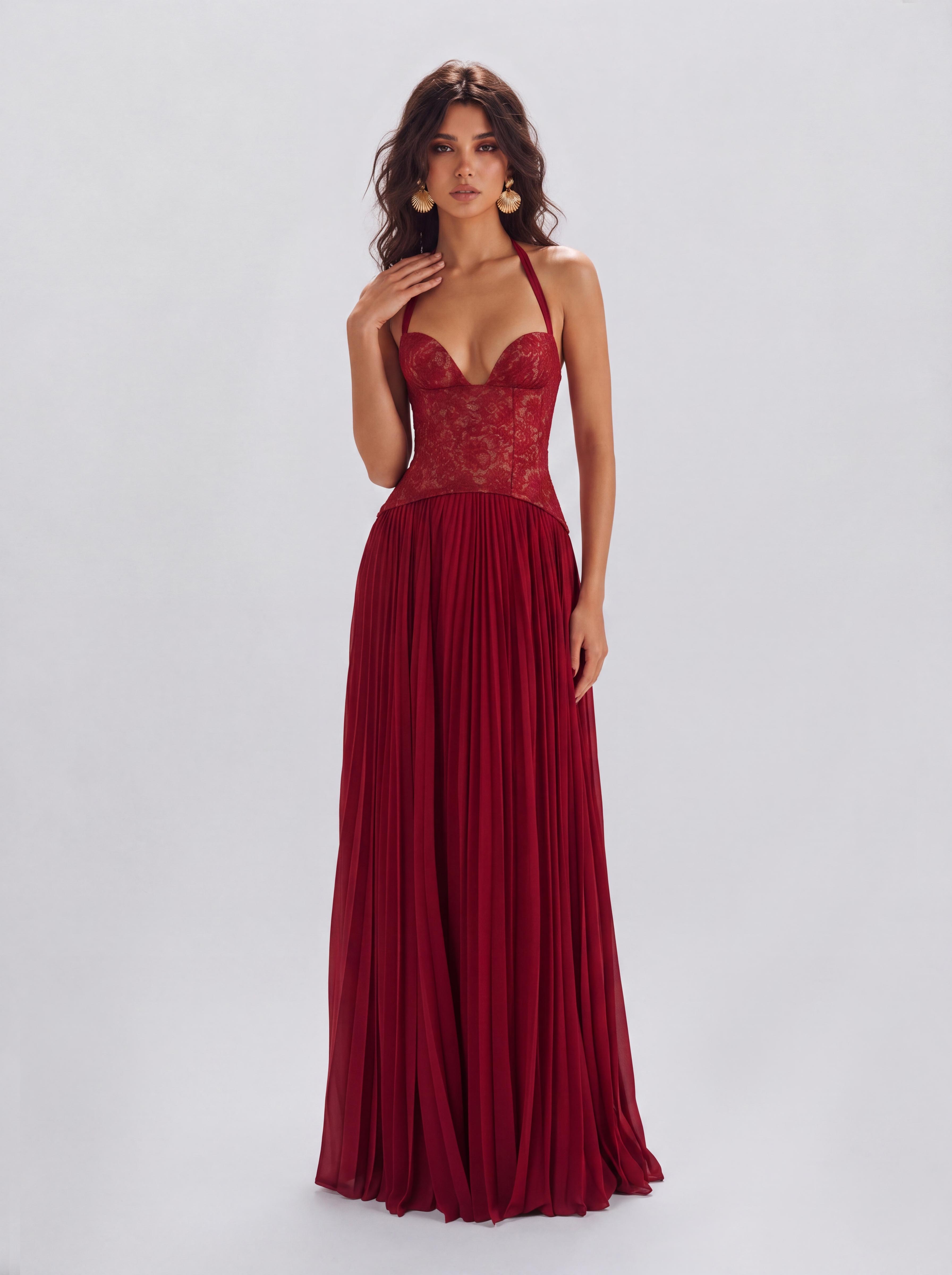 Lace Boom Neck Pleated Long Banquet Dress