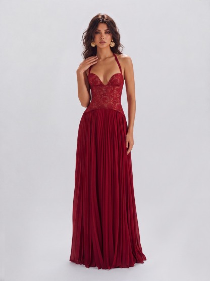 Lace Boom Neck Pleated Long Banquet Dress
