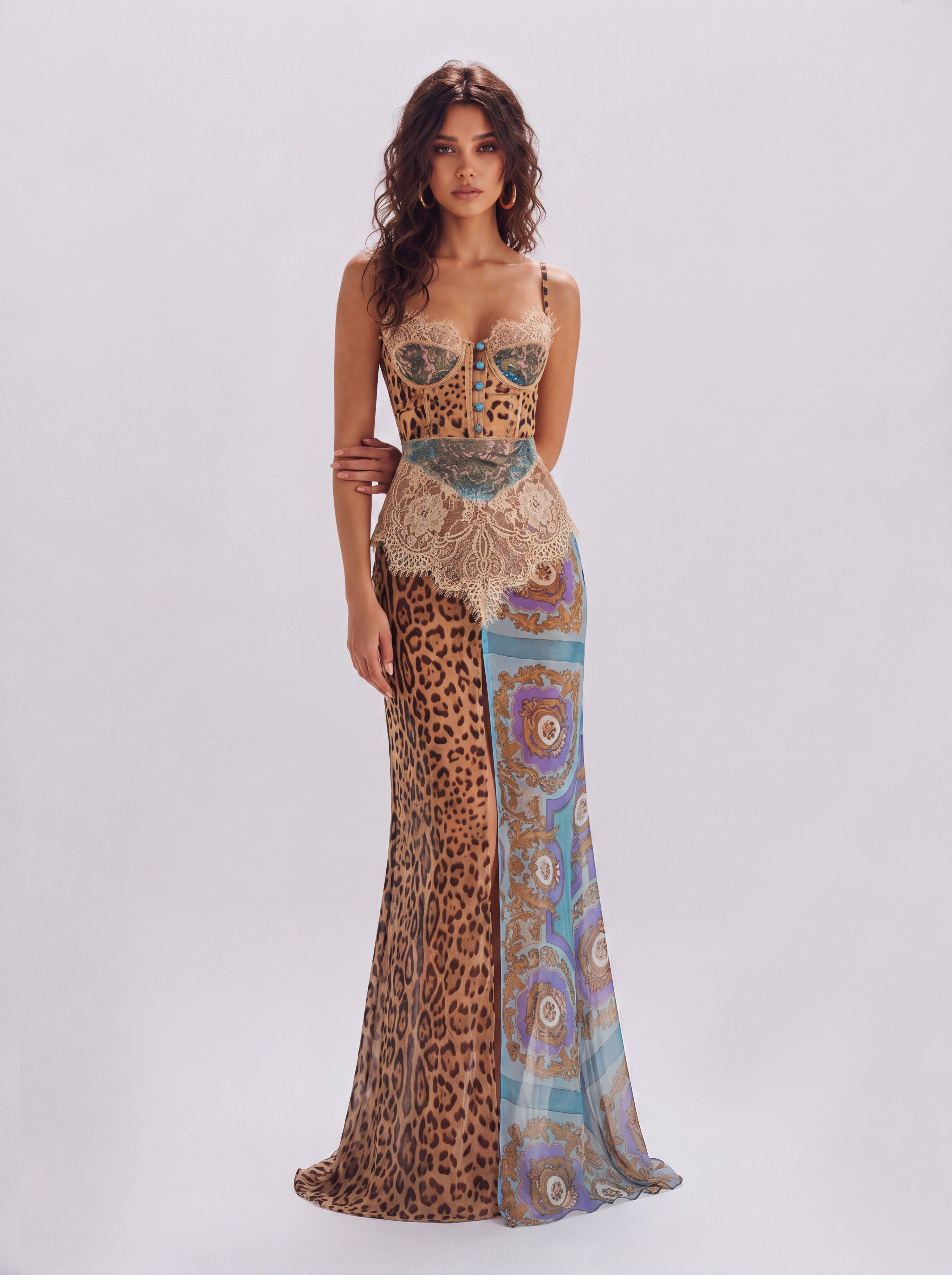 Lace Waist Leopard Print Vintage Patchwork High Split Perspective Long Slip Dress