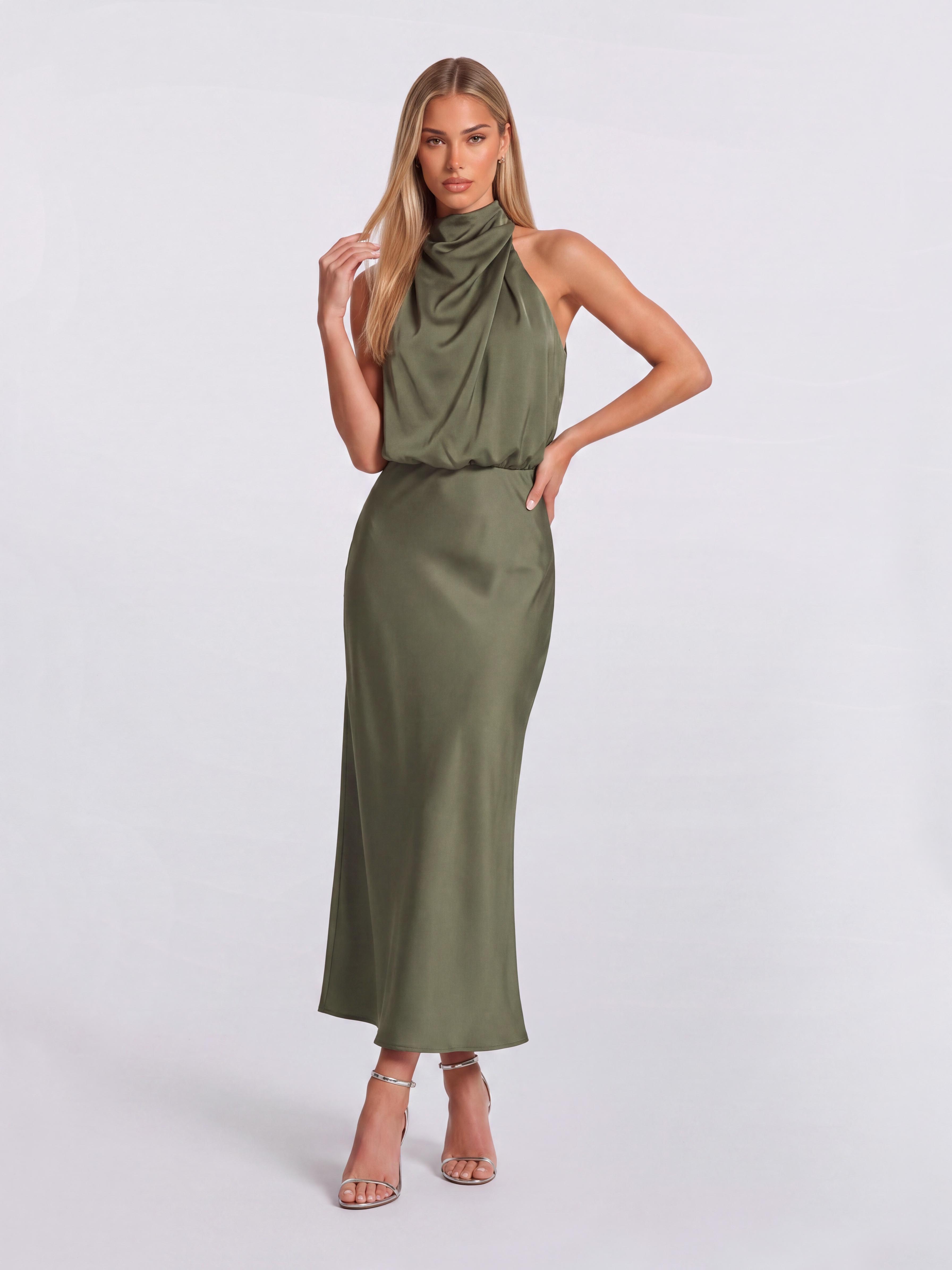 Slim-Fit Fishtail Mid-Length Neck Satin Dress