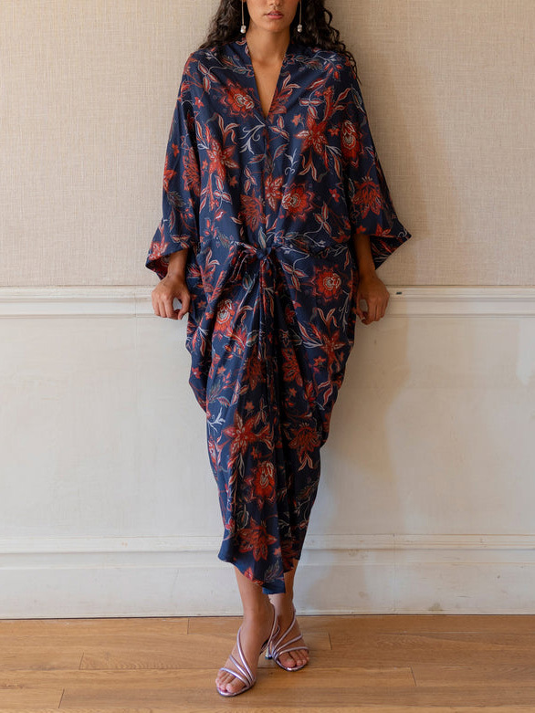 Retro Bohemian Floral Print Lace-Up Loose Maxi Dress