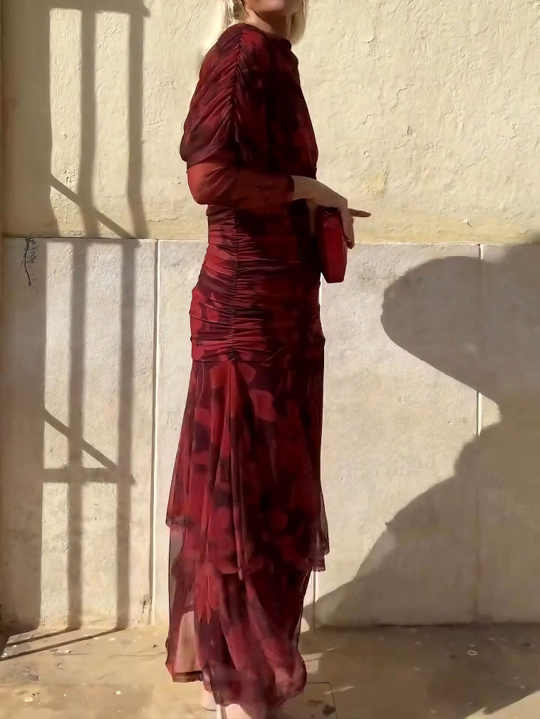 Elegant Mesh Printed Split Maxi Dress