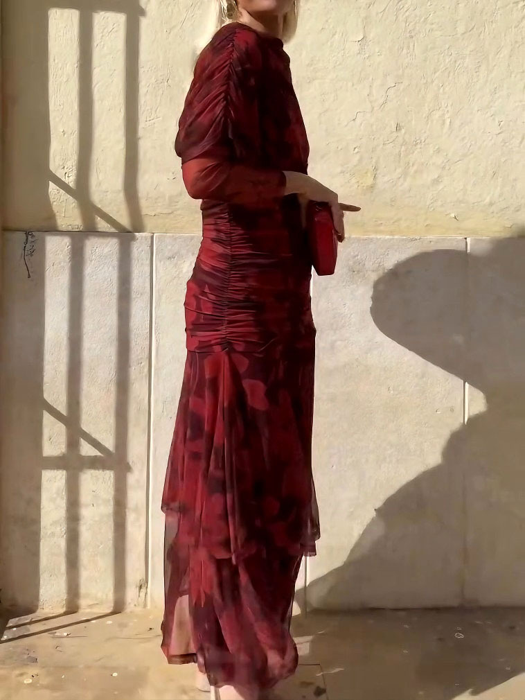 Elegant Mesh Printed Split Maxi Dress