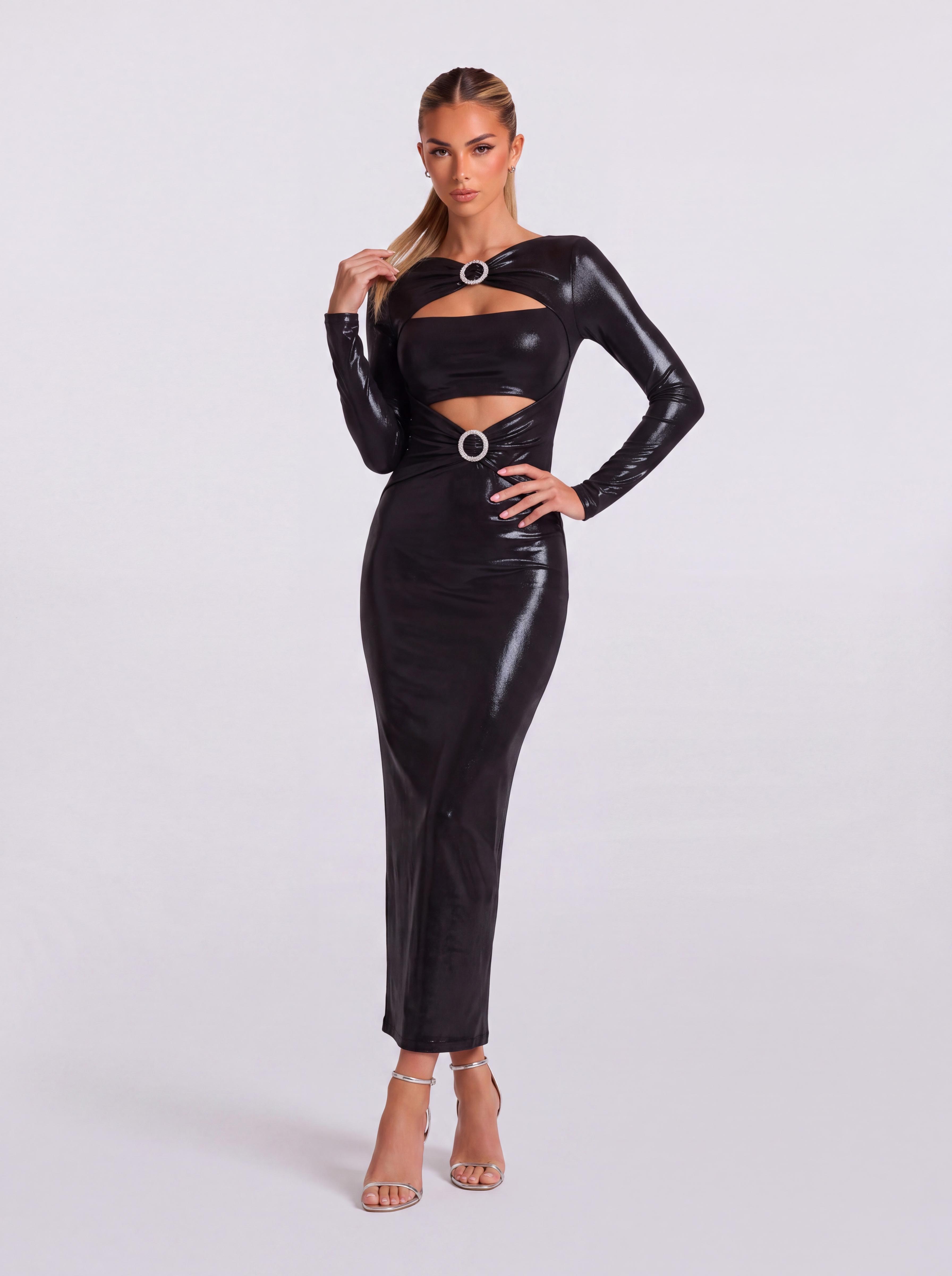 Bright-Face Ring Hollow-Out Long-Sleeved Slim-Fit Hip Mid-Length Dress