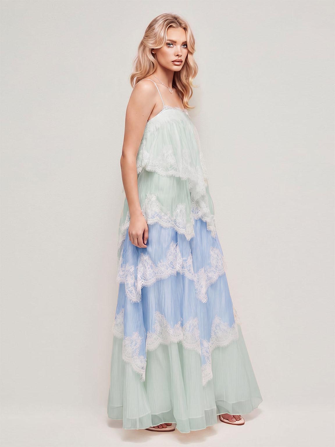 Ombre Tiered Lace Trim Spaghetti Strap Maxi Dress