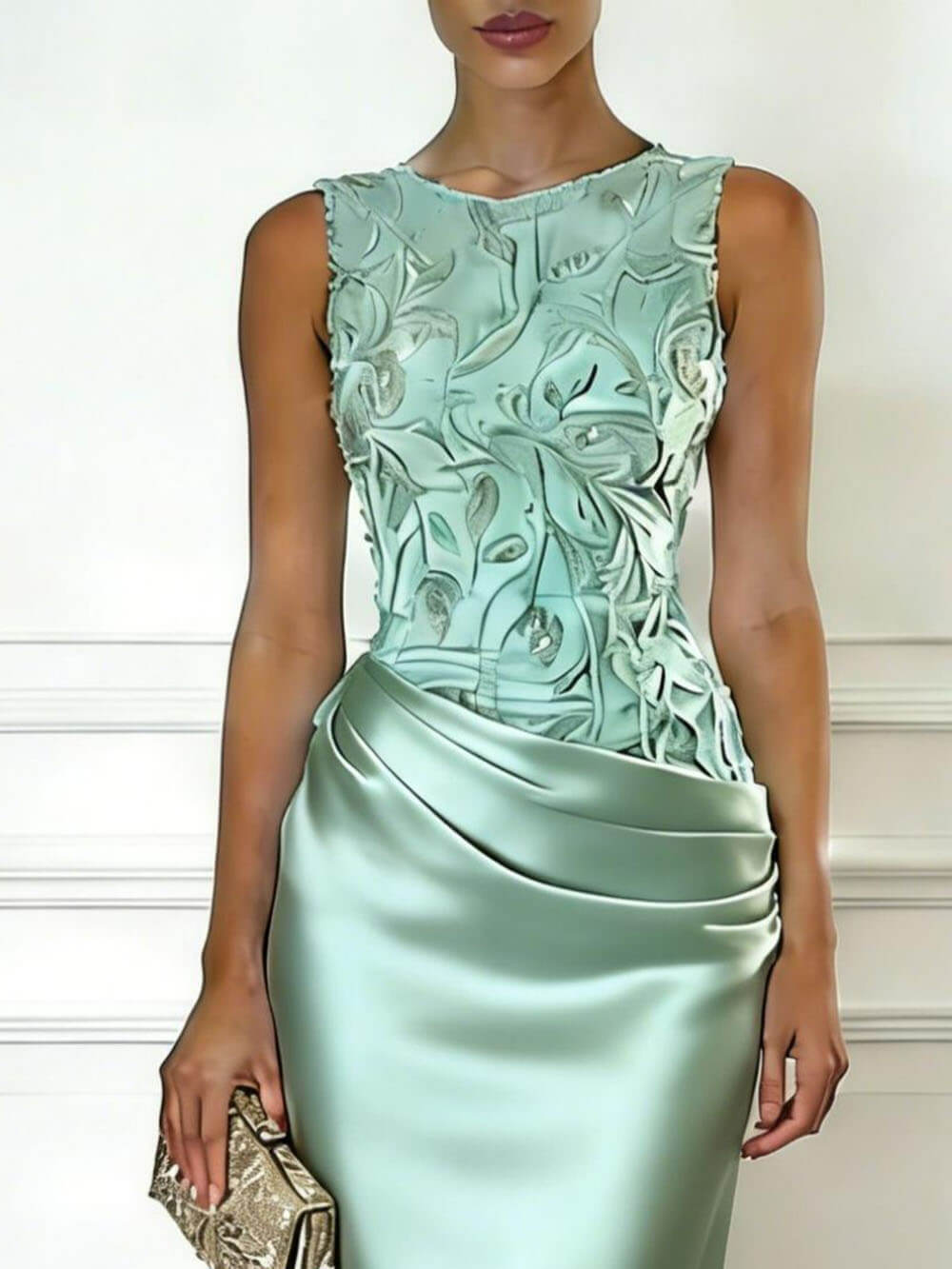 Elegant Green Embroidery Satin Crew Neck Sleeveless Sheath Maxi Dress