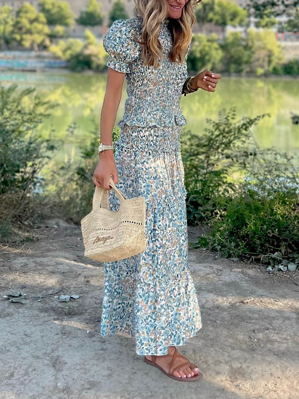Retro Pleated  Floral Print Ruched Ruffle Maxi Skirt