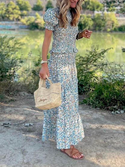 Retro Pleated  Floral Print Ruched Ruffle Maxi Skirt