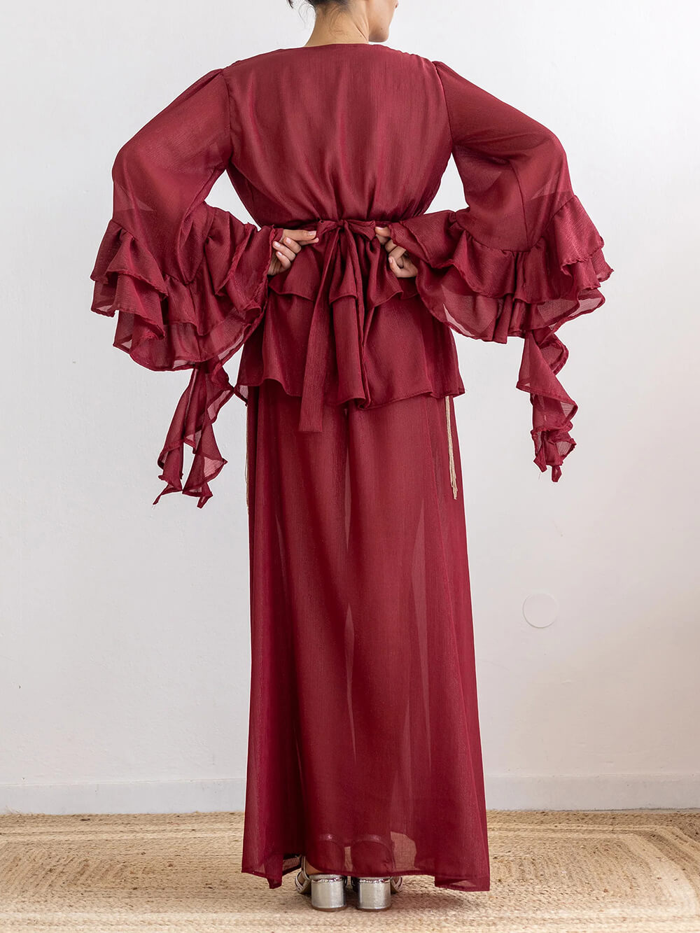 Elegant V-Neck Ruffle Ruched Chiffon Maxi Dress