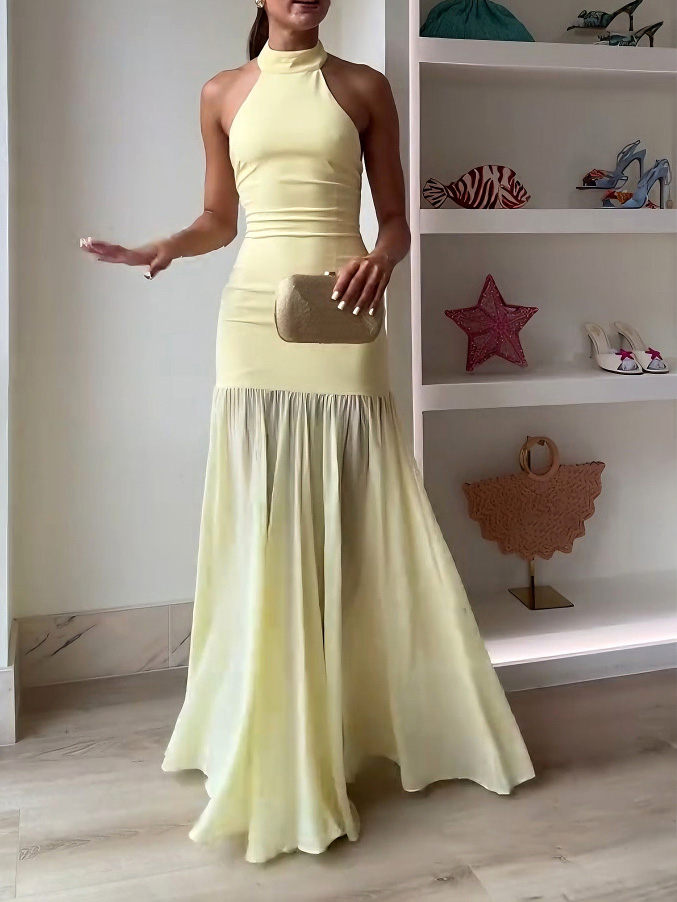 Elegant Halter Neck Ruched Drop Waist Maxi Dress