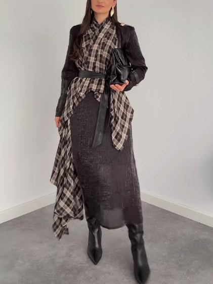 Elegant Asymmetric Plaid Overlay Top & Slim Midi Skirt Two-Piece Set