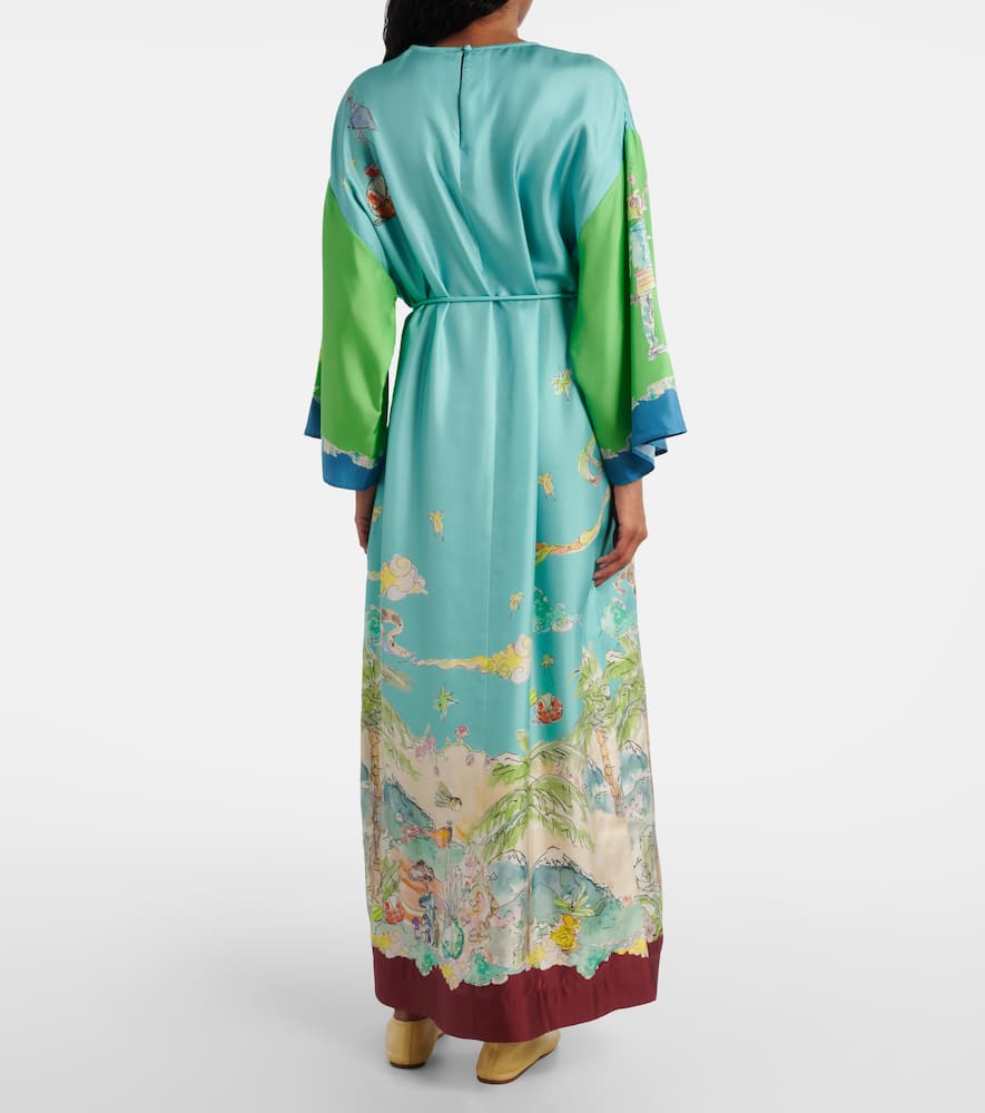 Unique Graphic Print Satin Lace-up Maxi Dress