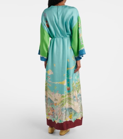 Unique Graphic Print Satin Lace-up Maxi Dress