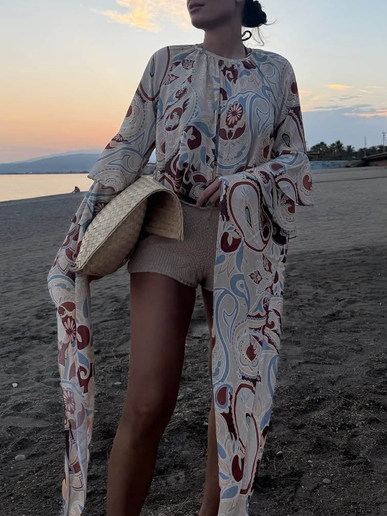 Bohemian Print Bell Sleeve Loose Shirt