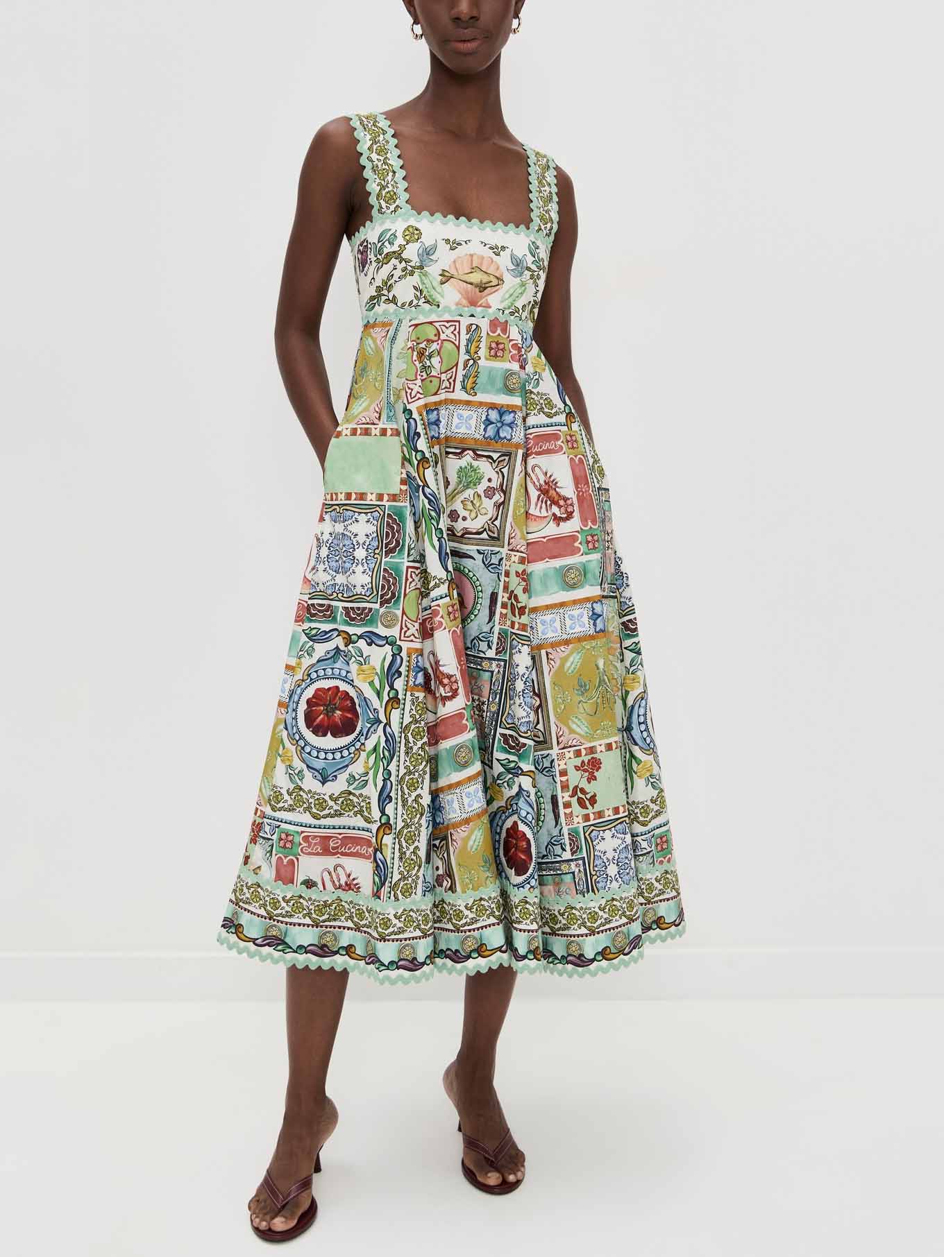Elegant Square Neck Printed A-Line Midi Dress