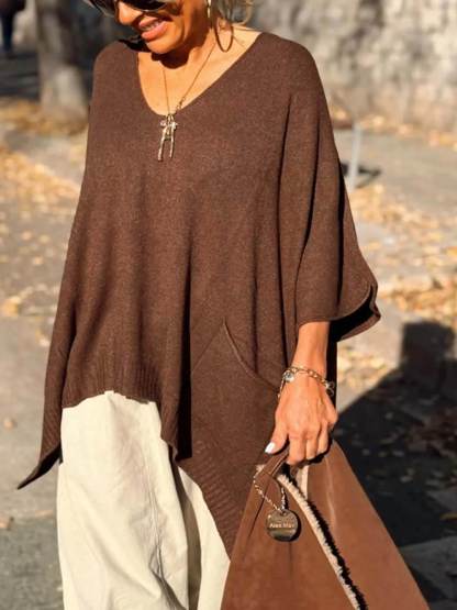 Classic Fashion V-neck Loose Pocket Mid-length Knitted Sweater