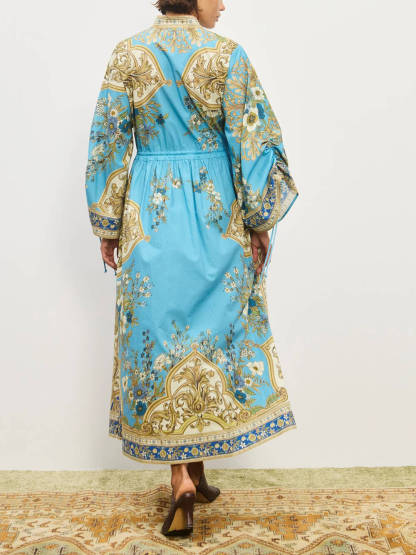 Unique Effortless Floral Print Cuffs Waist Drawstring Loose Shirt Silhouette Dress