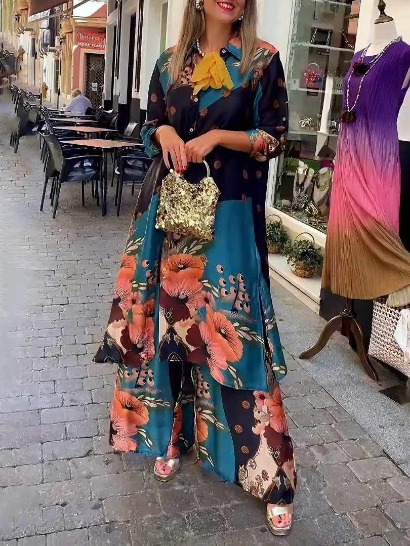 Elegant Satin Floral Print Long Shirt