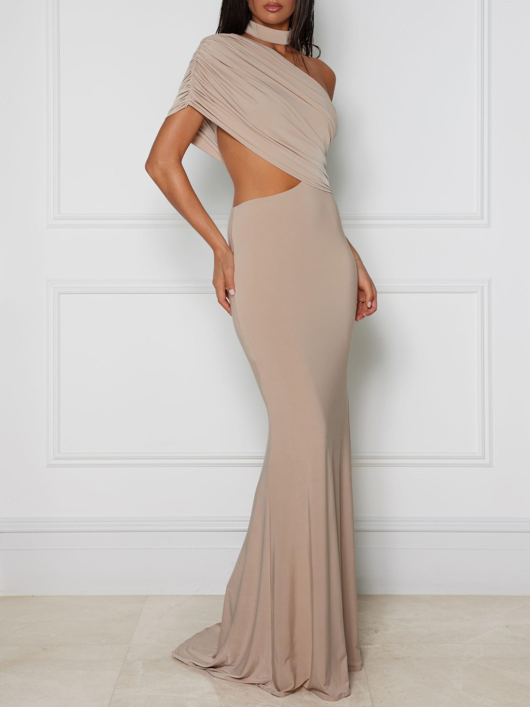 Elegant One-Shoulder Cutout Draped Maxi Dress