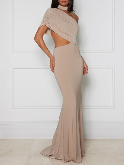 Elegant One-Shoulder Cutout Draped Maxi Dress