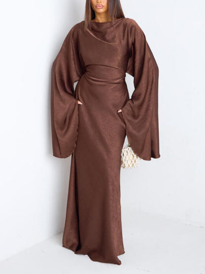 Elegant Ruched Satin Lantern-Sleeve Maxi Dress