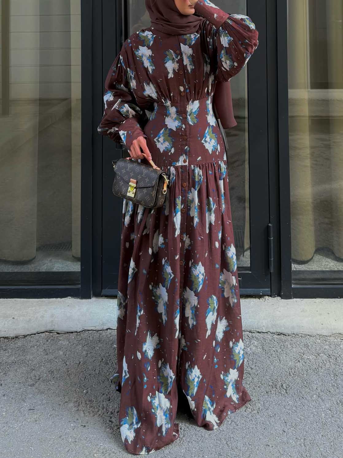 Retro Floral Print Pleated Balloon Sleeve Maxi Dress