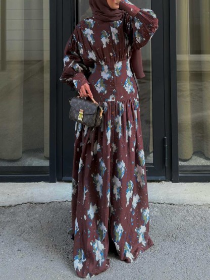 Retro Floral Print Pleated Balloon Sleeve Maxi Dress