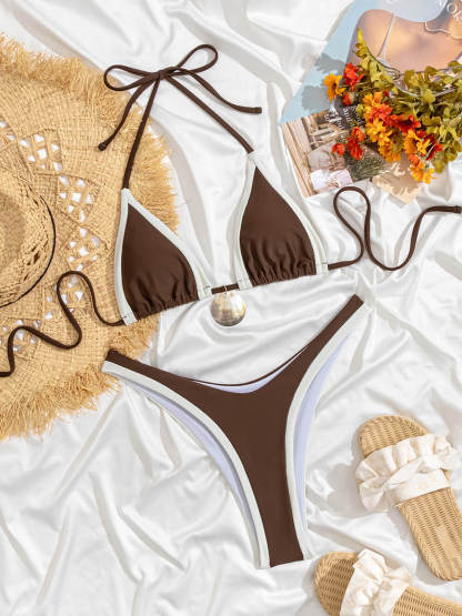 Sexy Triangle Cup Color-Blocked Two-Piece Bikini Set