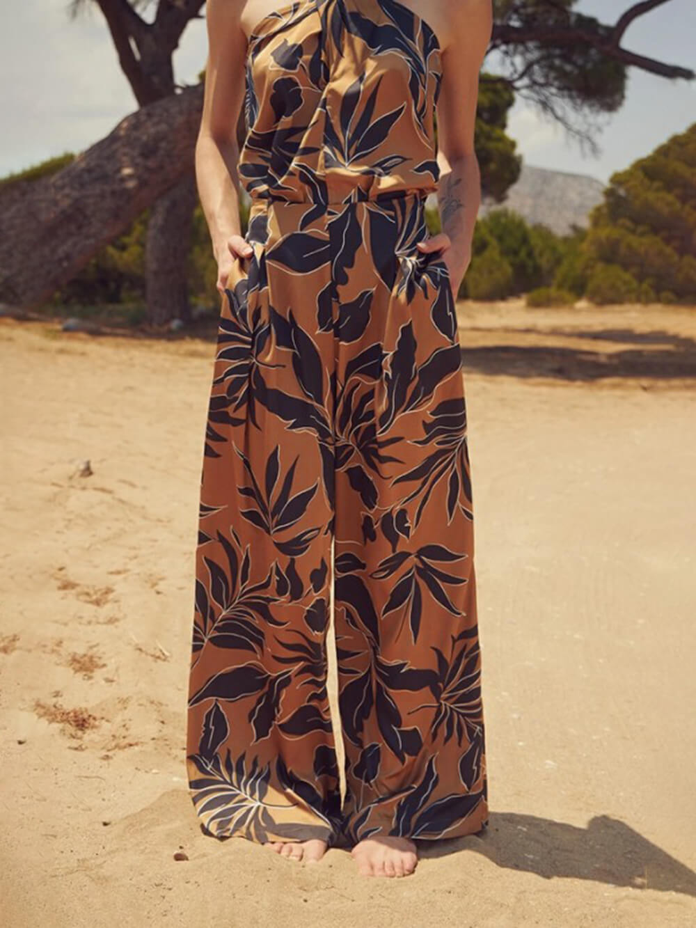 Unique Satin Leaf Print Pleated Elastic Waist High Waist Wide Leg Pants