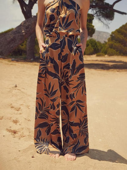 Unique Satin Leaf Print Pleated Elastic Waist High Waist Wide Leg Pants