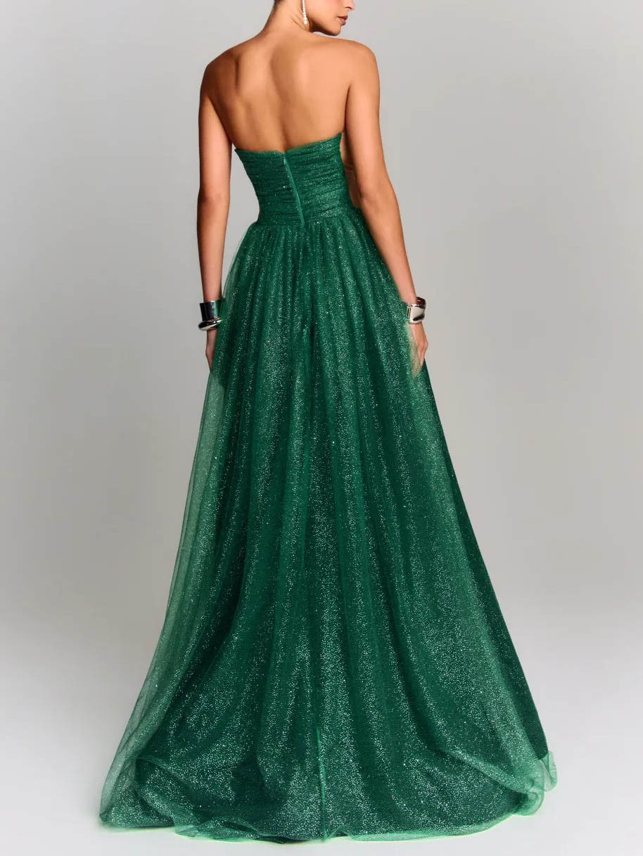 Elegant Mesh Pleated Maxi Party Dress