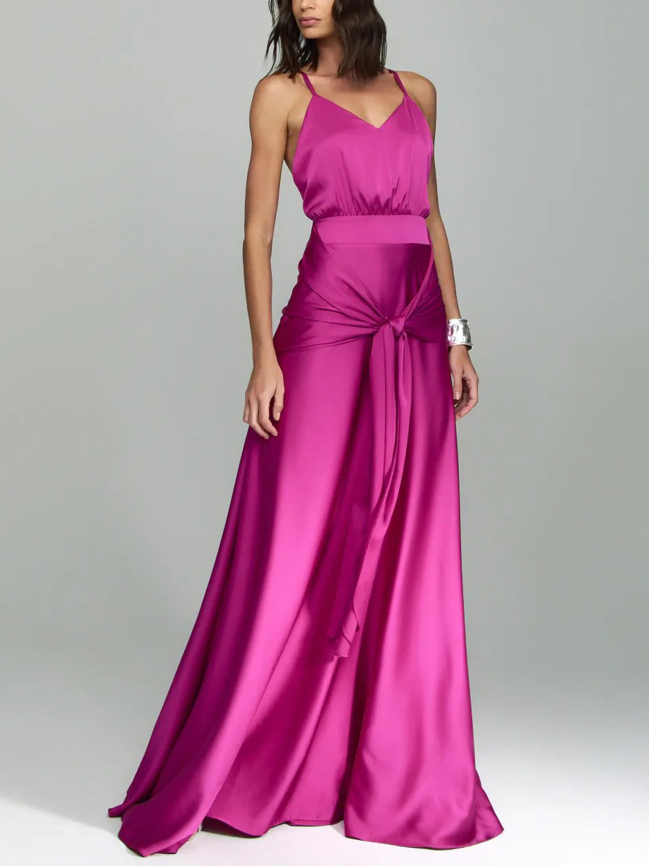 Elegant V-Neck Satin Tie-Waist Floor-Length Slip Dress