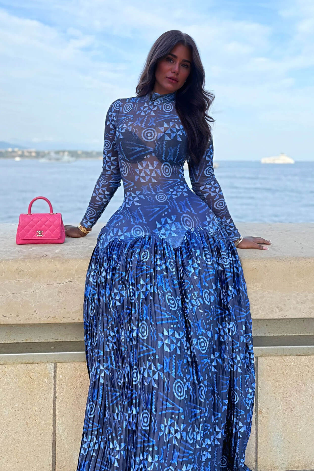 Unique Mesh Ruched Panel Print Stretch Maxi Dress