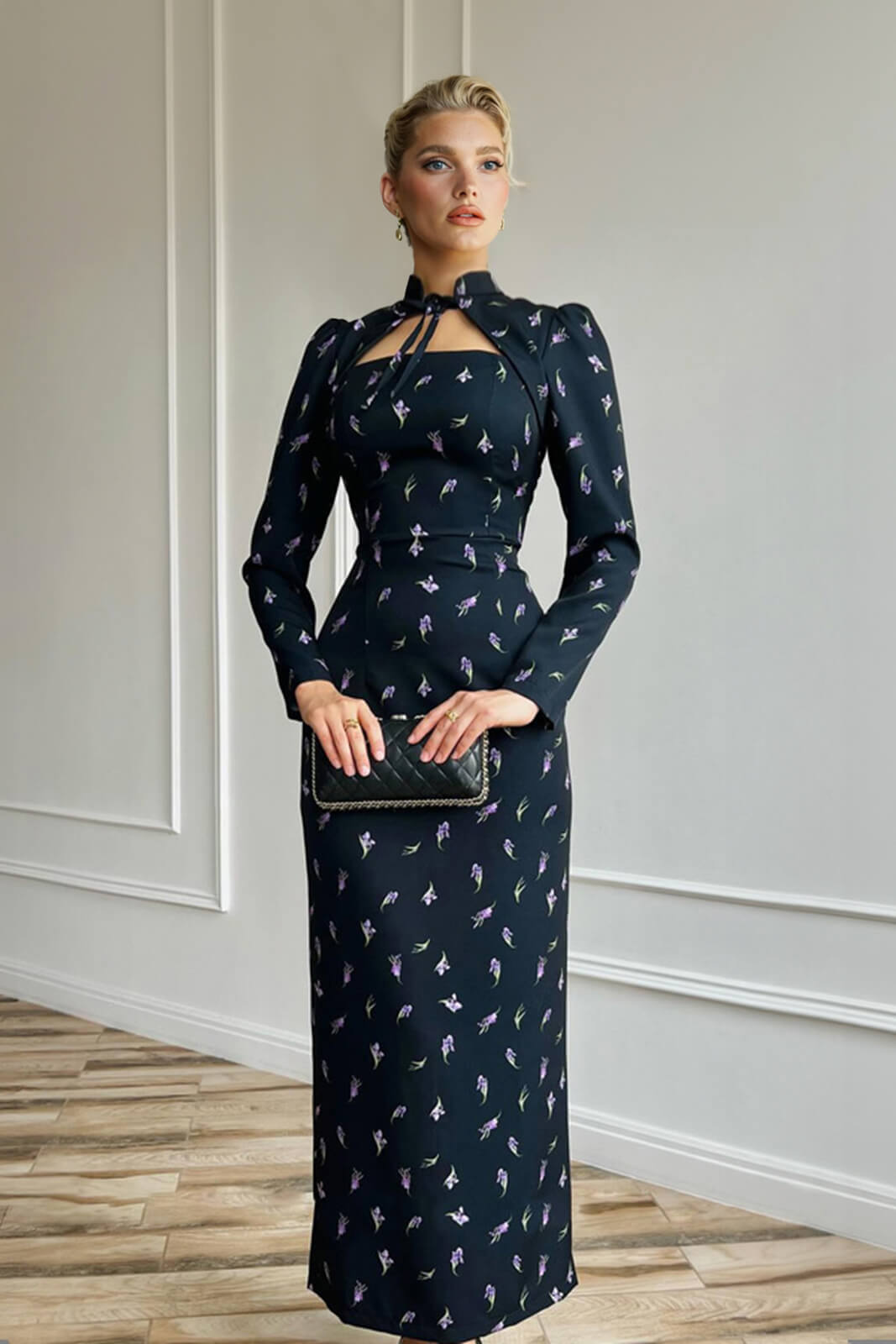 Elegant Printed High Neck Tie-Waist Slit Maxi Dress