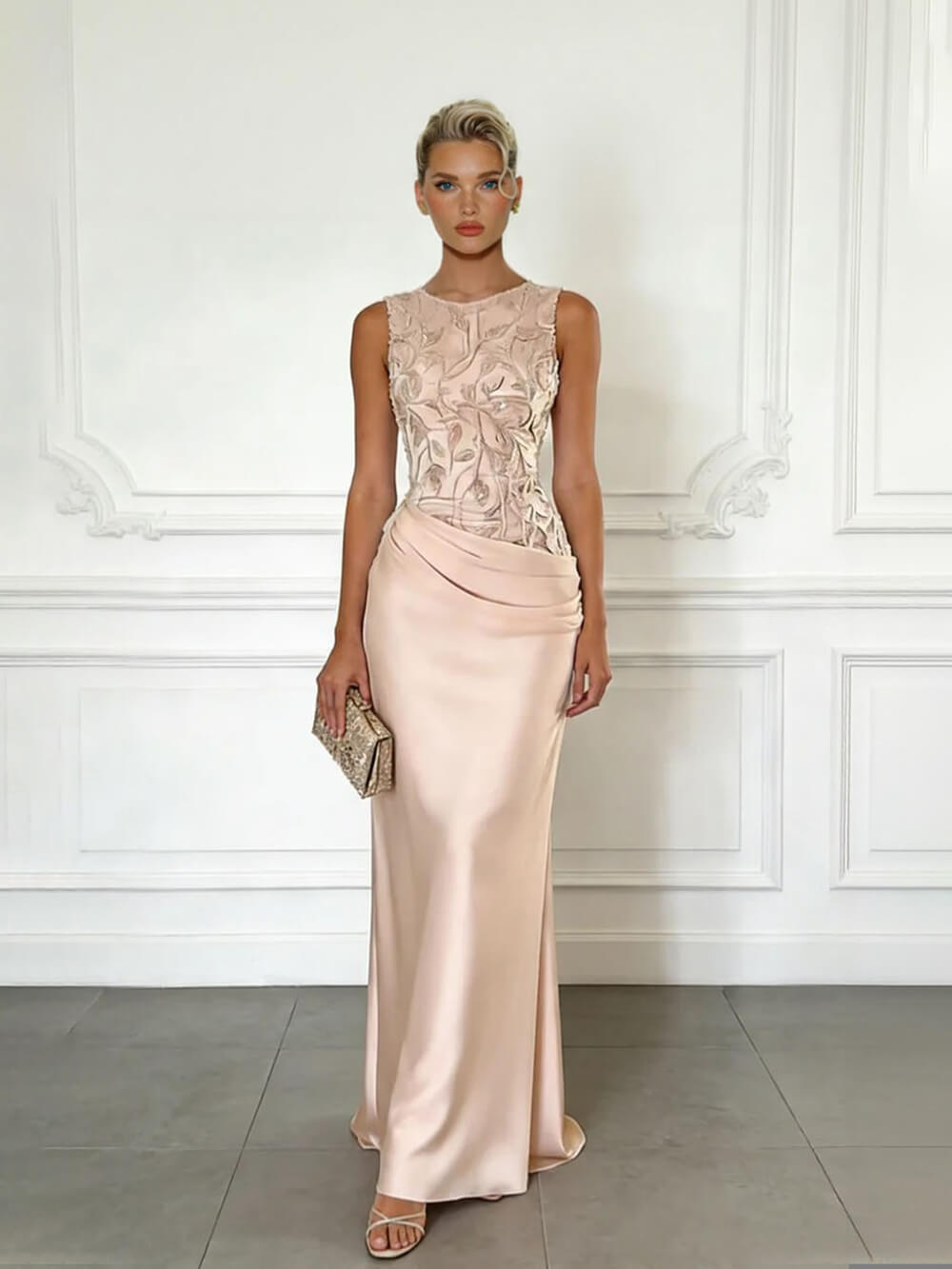 Elegant Green Embroidery Satin Crew Neck Sleeveless Sheath Maxi Dress