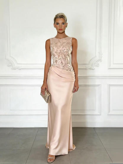 Elegant Green Embroidery Satin Crew Neck Sleeveless Sheath Maxi Dress