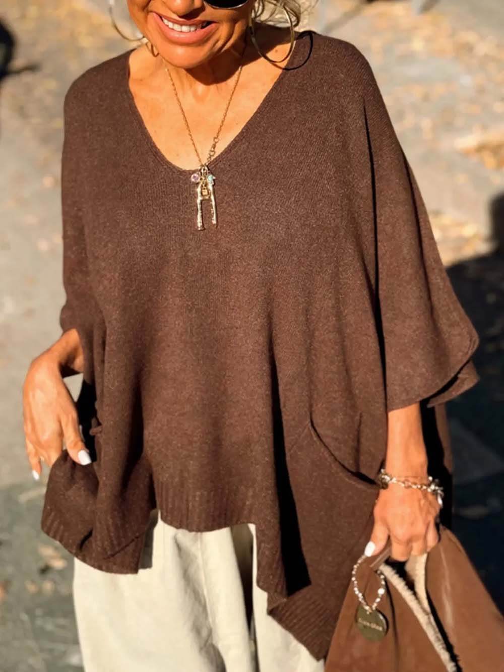 Classic Fashion V-neck Loose Pocket Mid-length Knitted Sweater