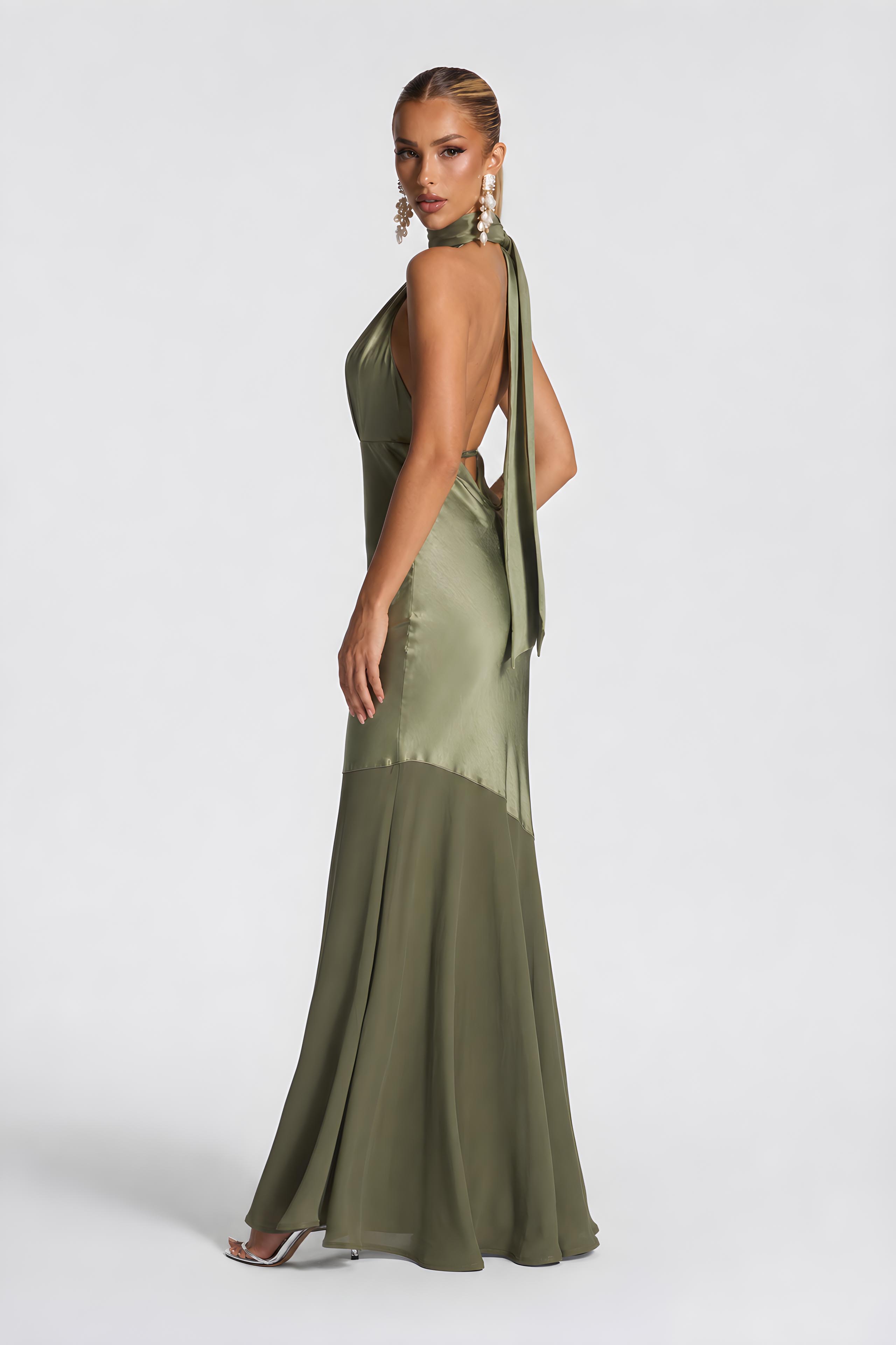 Olive Satin Halter Neck Deep V-Neck Mermaid Evening Gown - Sexy Backless Formal Dress For Party, Wedding & Gala