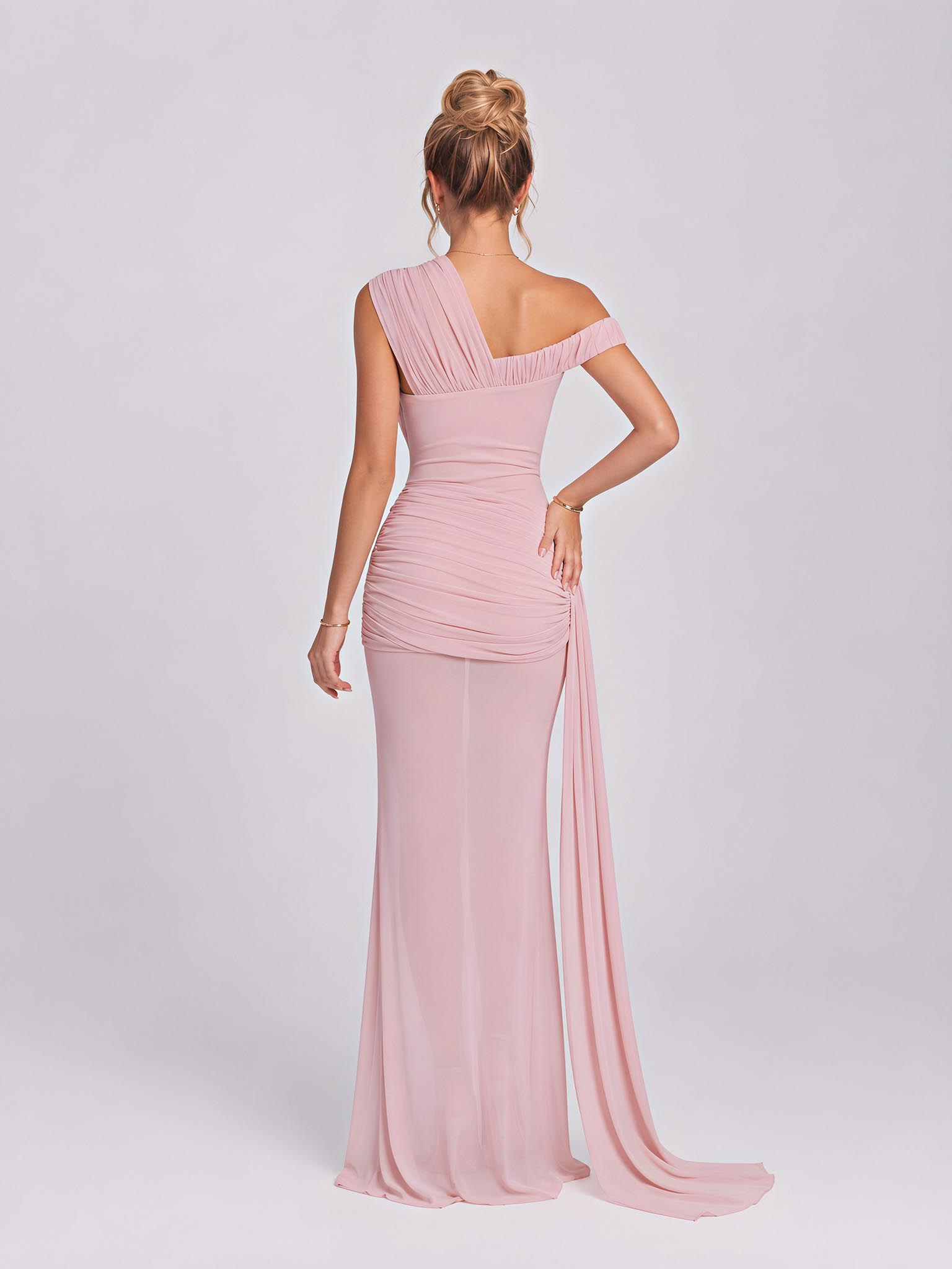 Draping Inclined Shoulder See-Through Gauze Long Dress