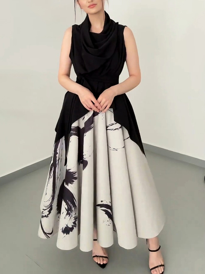 Elegant Abstract Print Draped Midi Dress Two-piece Set