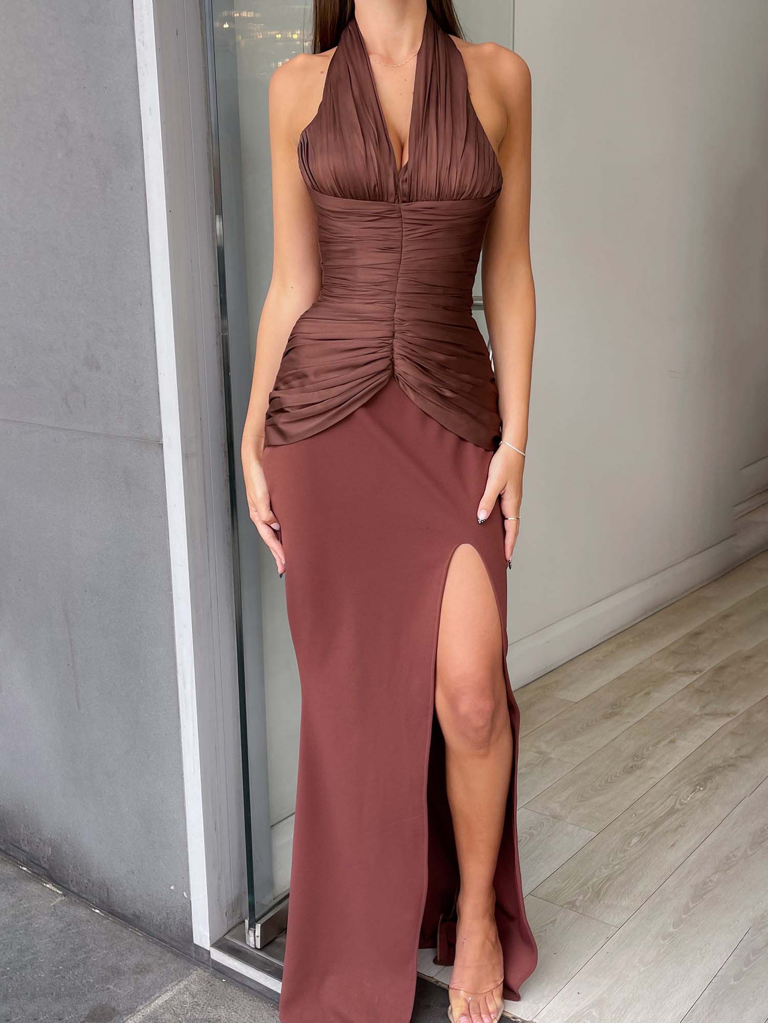 Elegant V-neck Pleated Waist Slit Maxi Dress