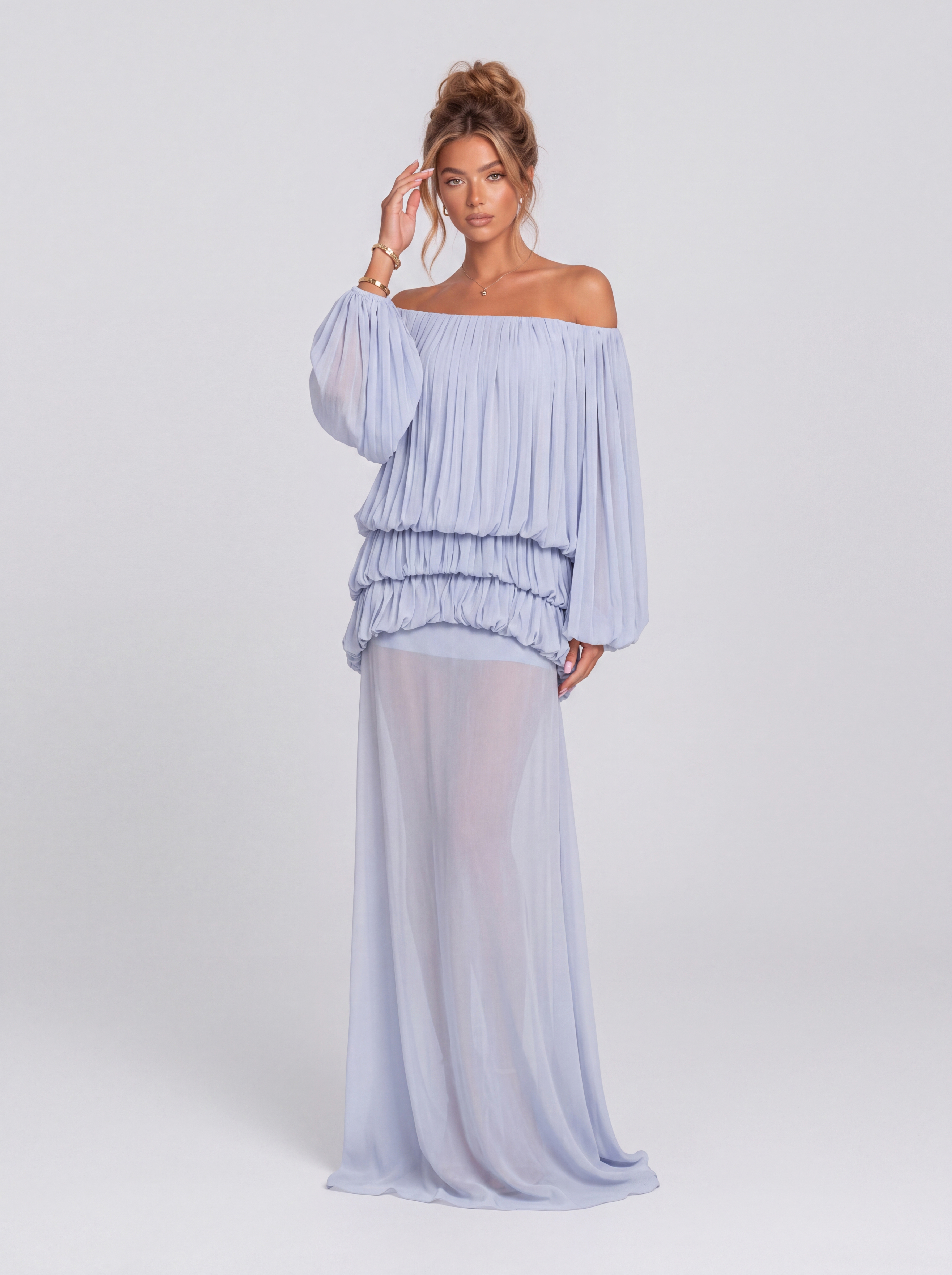 Pleated Off-shoulder Bubble Long Sleeve Perspective Long Party Dress