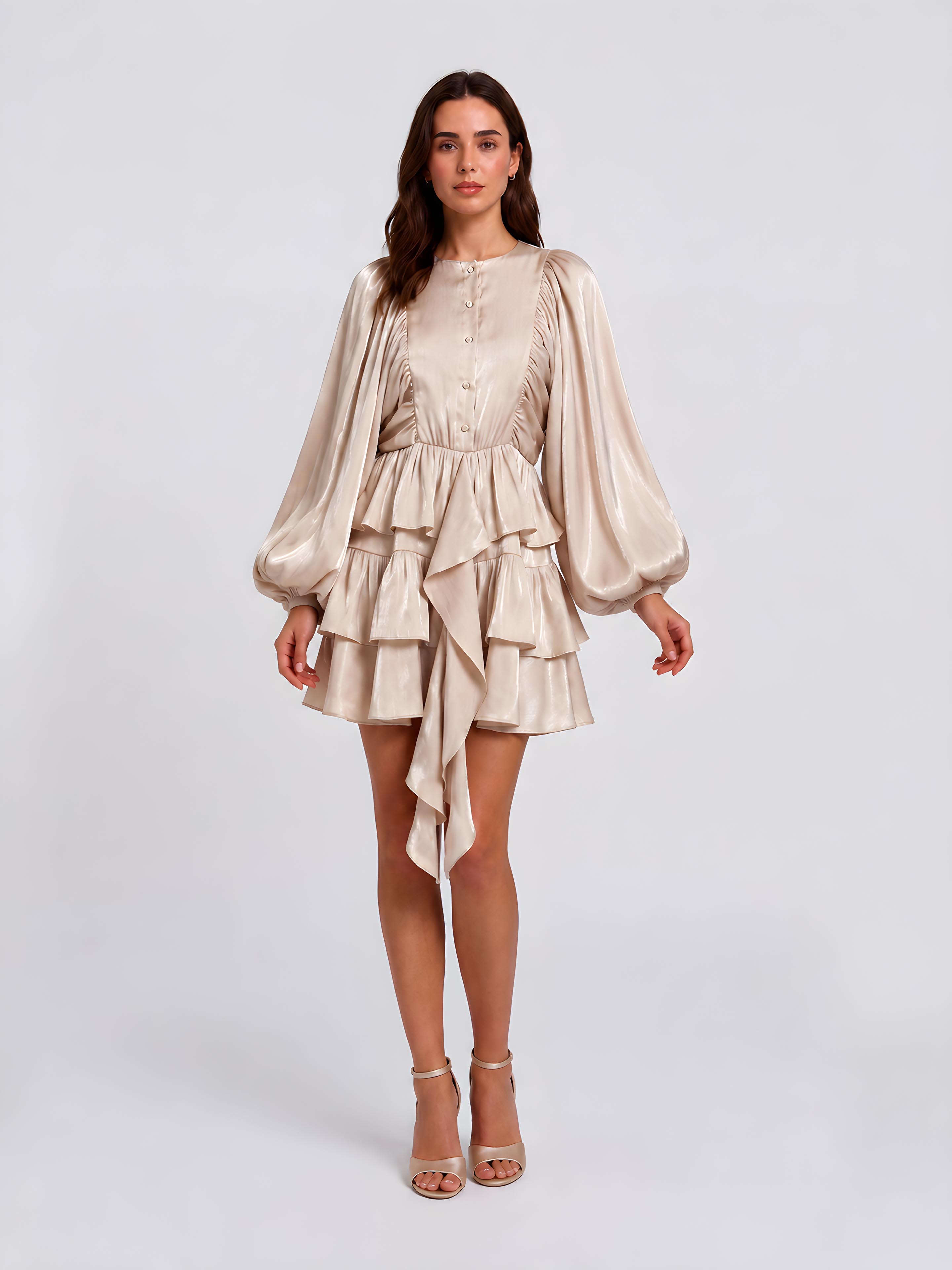 Layered Ruffled Puff Sleeve Short Dress