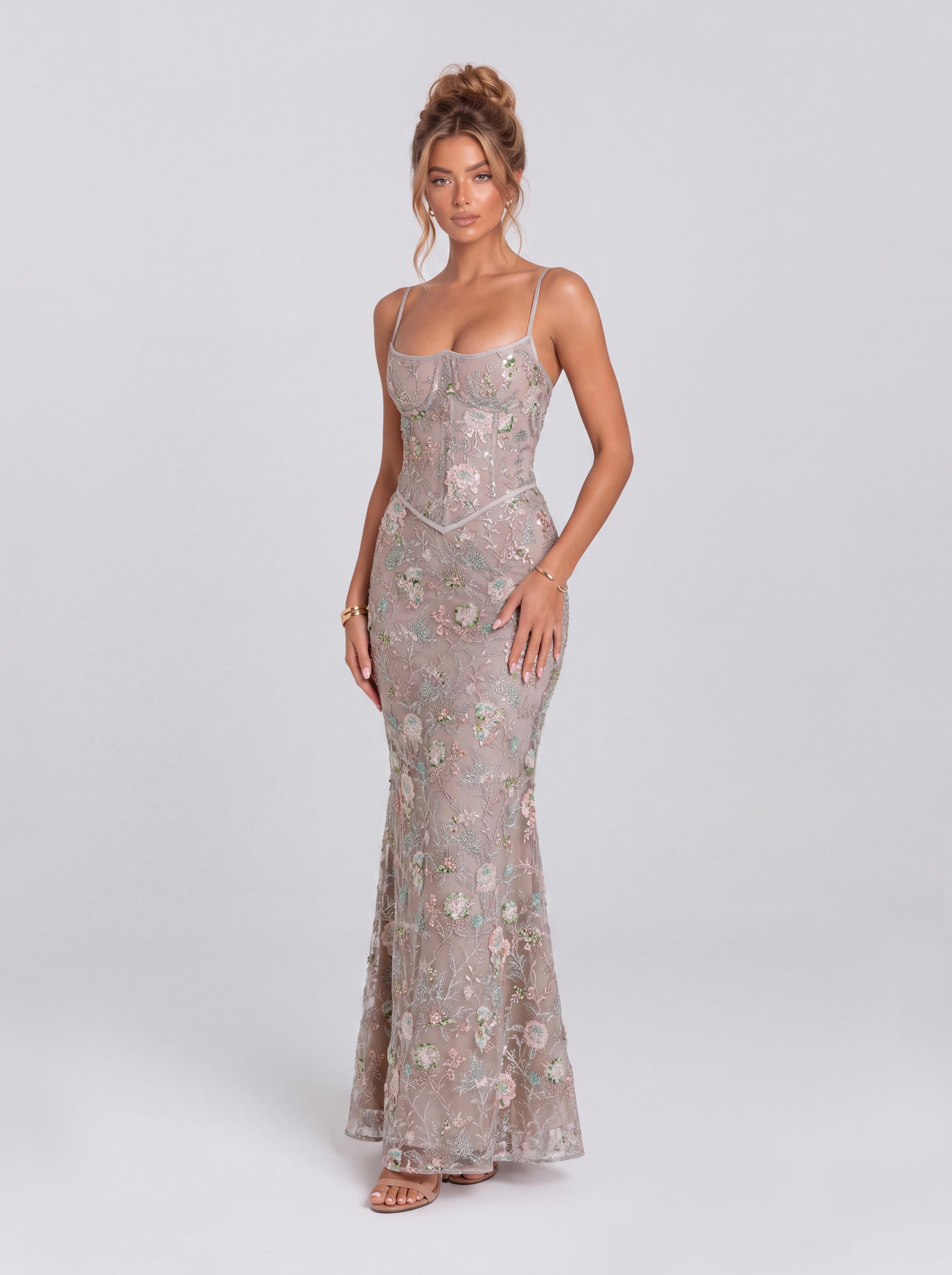 Vintage Floral Beaded Lace Belted Mermaid Dress