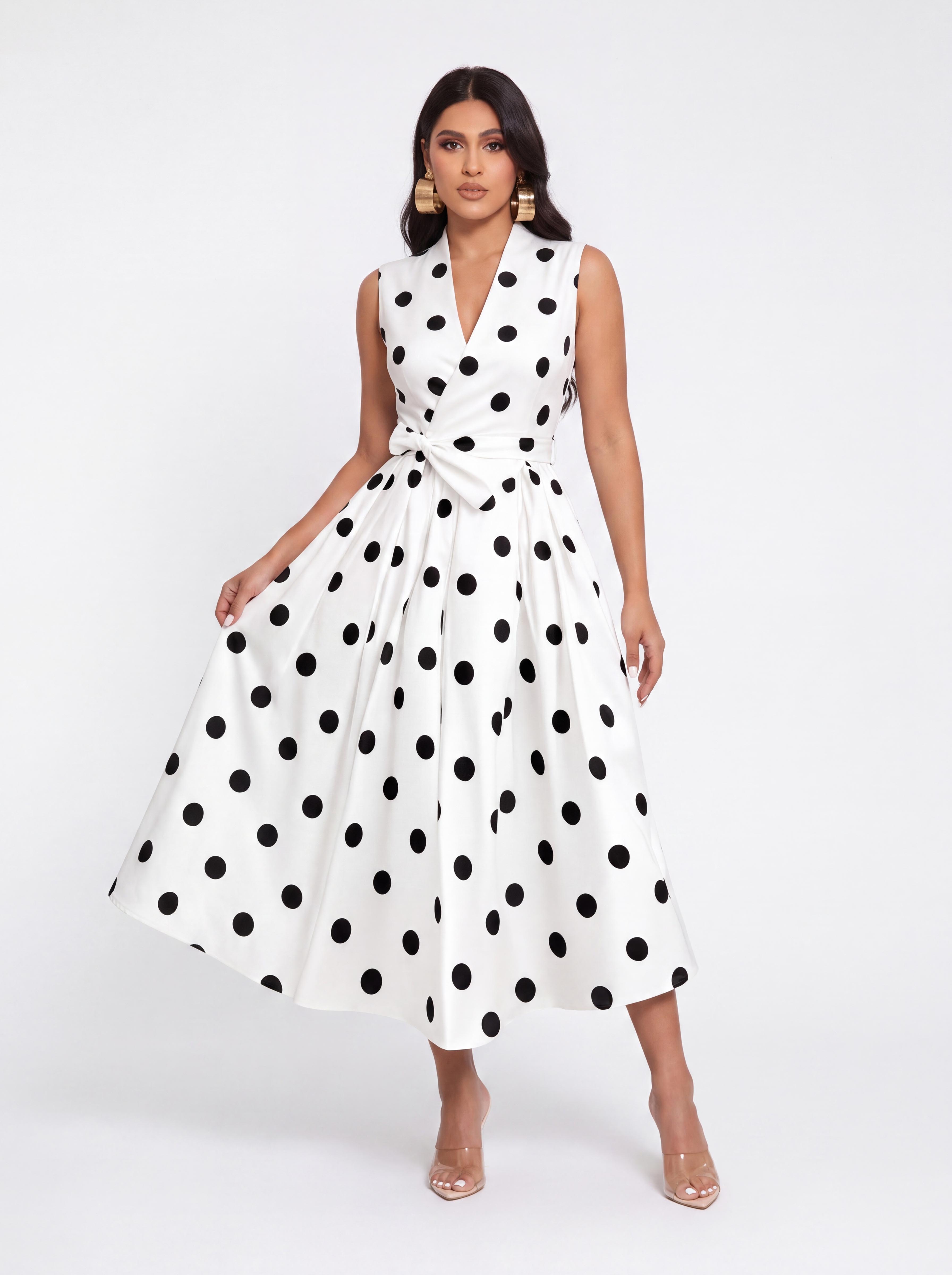 Vintage Polkdot Sleeveless V-neck Tight Waist Mid-length Umbrella Dress