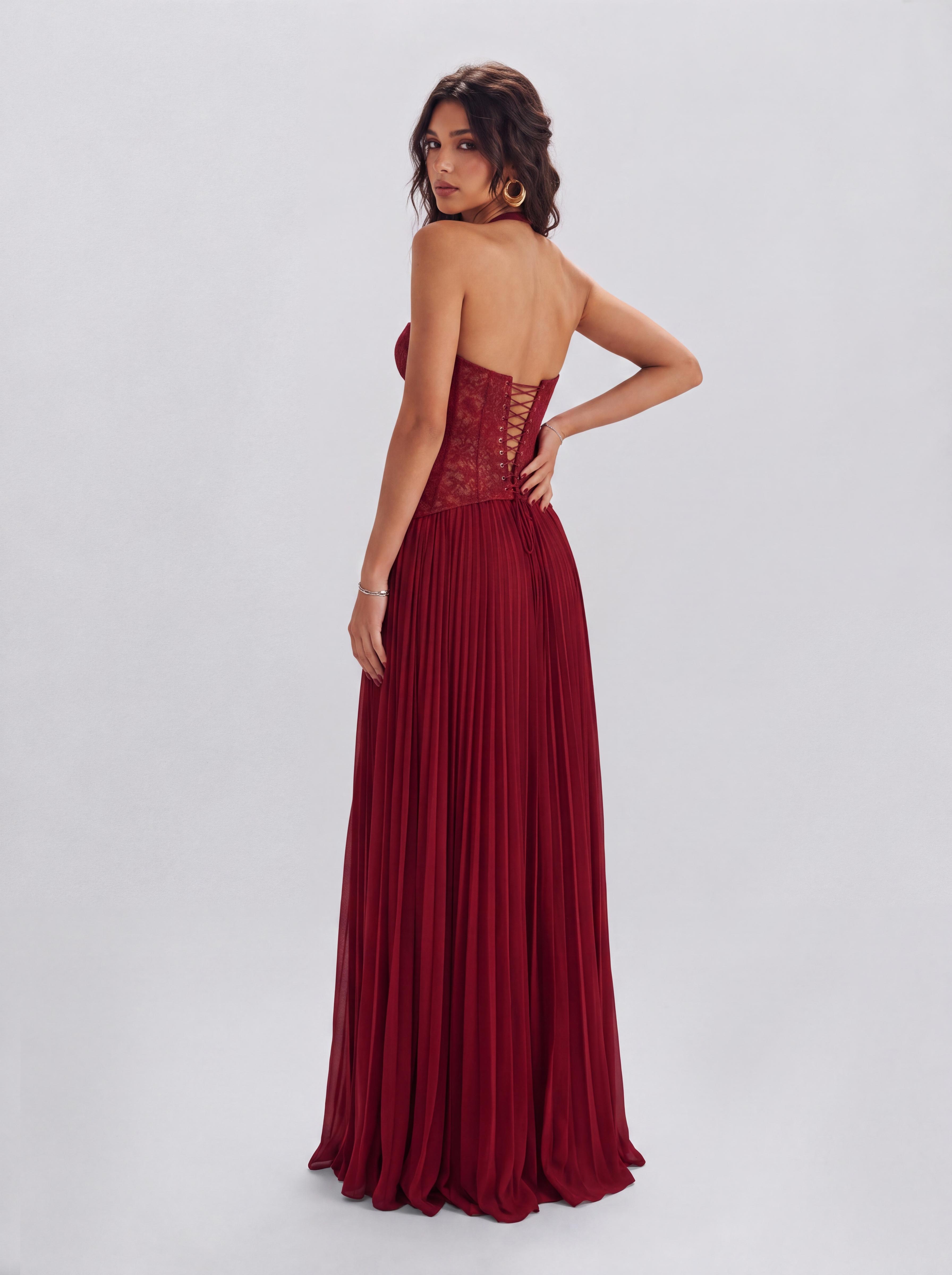 Lace Boom Neck Pleated Long Banquet Dress