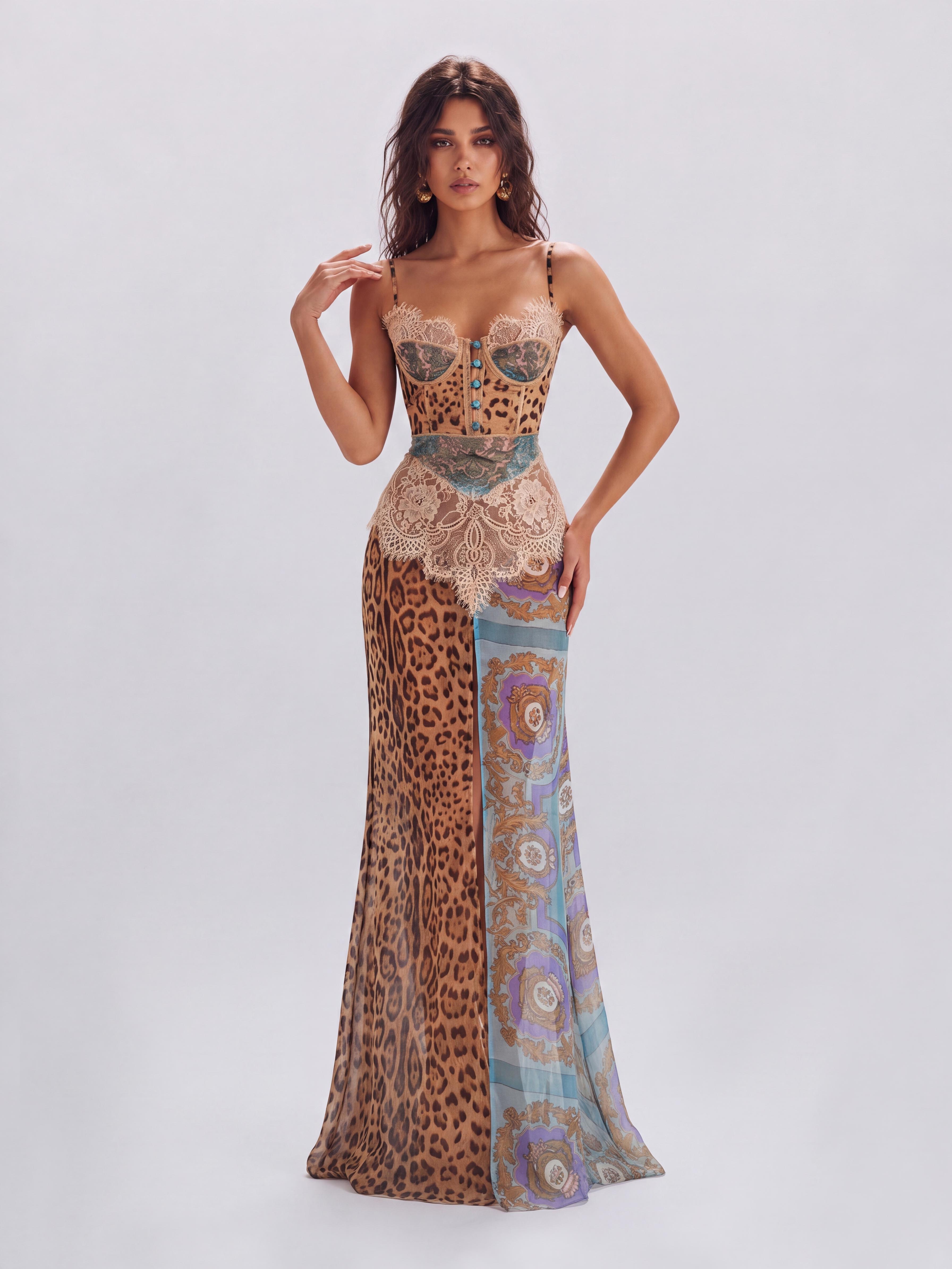 Lace Waist Leopard Print Vintage Patchwork High Split Perspective Long Slip Dress